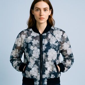 Hot & Delicious Floral Sheer Bomber Jacket in Black and White